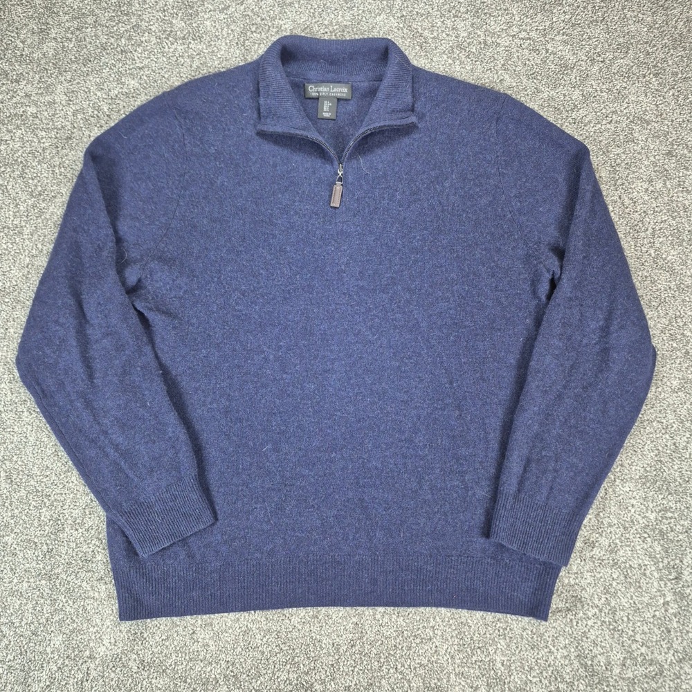 Christian Lacroix Cashmere Sweater Mens Large Navy Blue 1/4 Zip Knit 2-Ply